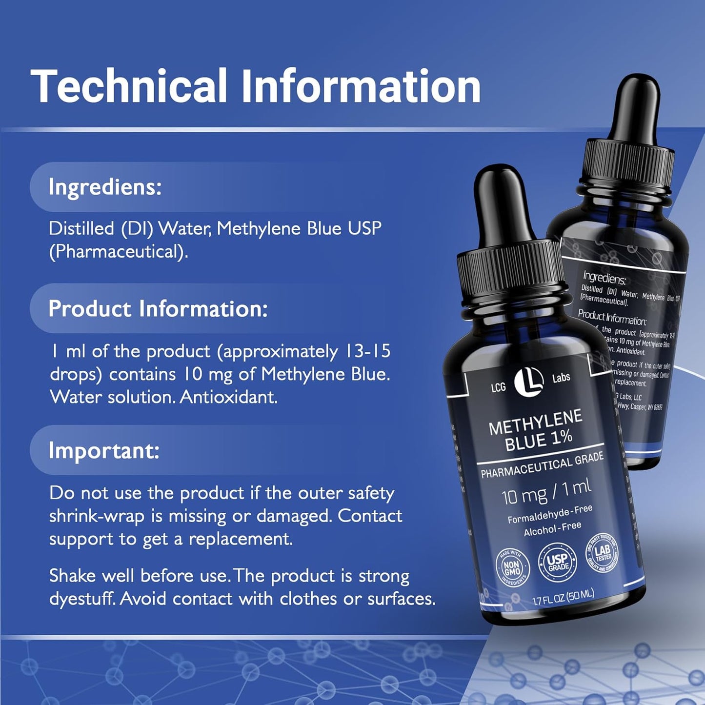 Methylene Blue Pharmaceutical Grade -  Third Party Tested - Formaldehyde & Alcohol-Free - Made in USA